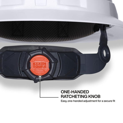 Klein Tools 60406T2RL Type 2 Hard Helmet, Full Brim, Unvented Full Brim, Class E Helmet with Chin, 6-Point Suspension with Accessory Brackets, Washable Padding and Headlamp