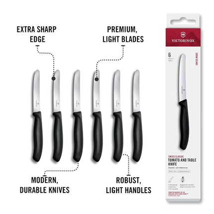 Victorinox 6-Piece Wavy Edge Steak and Tomato Knife, Round Tip, Black, 6.7833.6