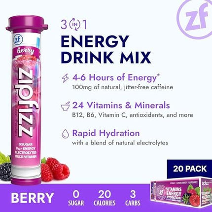 Zipfizz Mezcla Energética Saludable, Bayas, 20 Tubos, 11 g Cada Uno