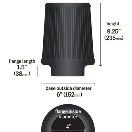 K&N Black Universal Dryflow Conical Air Filter 102mm flange, 152mm base, 133mm top, 229mm height (RU-3112HBK)