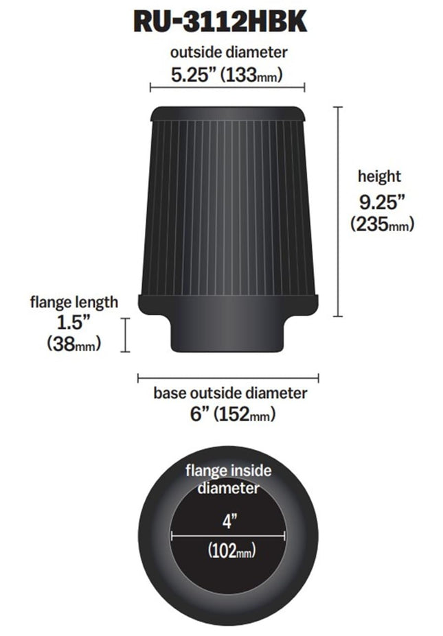 K&N Black Universal Dryflow Conical Air Filter 102mm flange, 152mm base, 133mm top, 229mm height (RU-3112HBK)