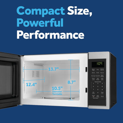 Microondas GE GCST09N1WSS, 900 vatios, 7 ajustes de cocción automáticos, utensilios de cocina para encimera, dormitorio o apartamento, tecnología de bloqueo para niños de 0.9 pies cúbicos, acero