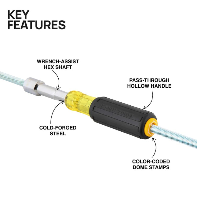 Klein Tools 65410MAGM Metric Magnetic Color-Coded Nut Driver, Hollow-Shaft, Heavy-Duty 10 mm Hex, Pass-Through Design, 6-Point Socket, and Cushion-Grip Handle