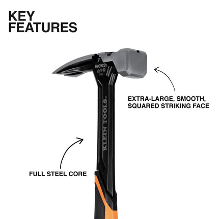 Klein Tools H80922S Smooth Face Hammer with Straight Claw, 22-Ounce Forged Steel, Magnetic Nail Starter, and Extra-Large Squared Strike Face