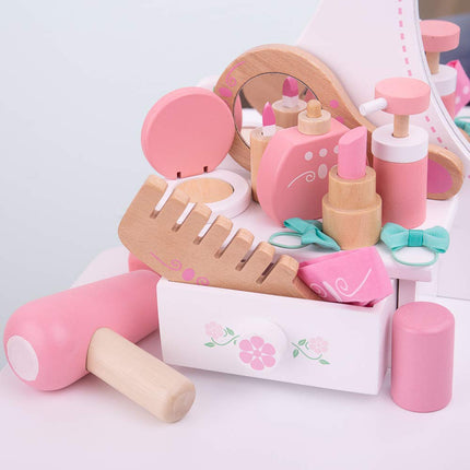 Bigjigs Toys Wooden Kids Vanity Case - 11 Piece Vanity Kit & Accessories with Pink Polka Dot Carry Bag, Ideal Pretend Play Toy & Gift for Girls