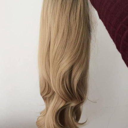 Xiweiya Long Natural Wave Ombre Brown Blonde Synthetic Lace Front Wigs Side Part Heat Resistant Fiber Hair Wigs For Women Replacement Everyday Wigs