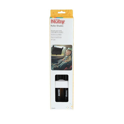 Nuby 14" Roller Vehicle Side Window Sun Protection Shade for Baby | 2 Pack | Pull Down with Suction Cups and Press Button Roll Up | Black