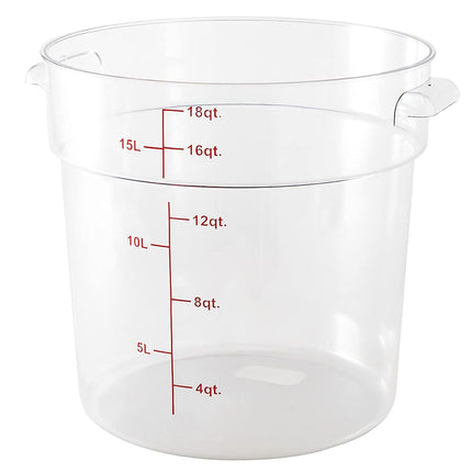 Restaurantware-Met Lux 18 Quart Food Storage Container, 1 Round Commercial Storage Container - Lid Sold Separately, with Volume Markers, Clear Plastic Food Prep Bucket, Space-Saving Storage