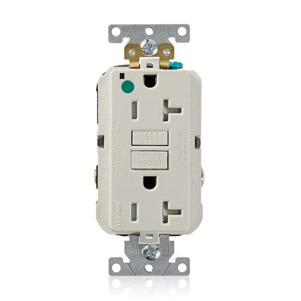 Leviton GFTR2-HGT 20 Amp, 125 Volt, SmartlockPro Slim Self-Test GFCI Receptacle, Extra-Heavy Duty Hospital Grade, Tamper-Resistant, NEMA 5-20R, 20A Feed-Through, 2P, 3W, Matching Wallplate Included - LIGHT ALMOND