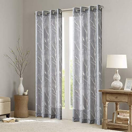 Madison Park Semi Sheer Curtain Modern Contemporary Botanical Print Out Design, Grommet Top, Single Window Drape for Living Room, Bedroom and Dorm, 50x63", Bird Grey