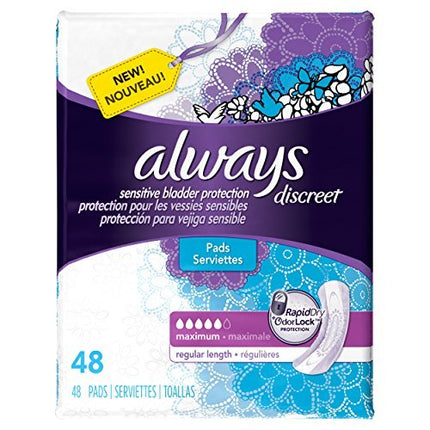 Always Discreet Incontinence Pads, Maximum Absorbency - 48 ct - Maximum by Always Discreet