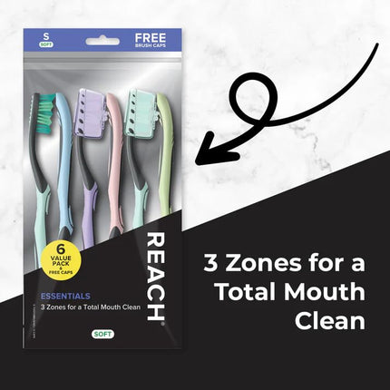 Reach Essentials Soft Bristle Toothbrushes and Caps, 6-count