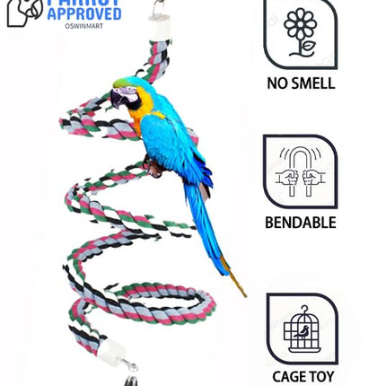 240cm Length Colorful Cotton Bendable Rope Perch Swing Bird Chew Toys Amazon Parrots Cage Toys with Bell Swing Climbing Standing Bungee Bird Toys for Regular to Big Size Birds