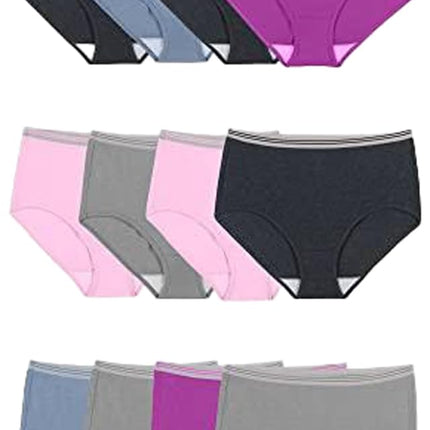 Fruit of the Loom Women's Eversoft Cotton Brief Underwear, Tag Free & Breathable, Available in Plus Size Blend-12 Pack-Grey/Pink/Blue, 10 (Pack of 12)