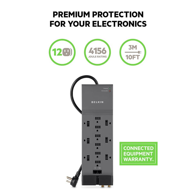 Belkin 12-Outlet Power Strip Surge Protector with 10-Foot Cord and Telephone, Ethernet, Coaxial Protection, BE112234-10, Gray -(Pack of 3)