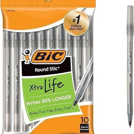 BIC Round Stic Xtra Life Black Ballpoint Pens, Med