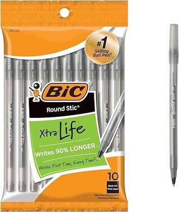 BIC Round Stic Xtra Life Black Ballpoint Pens, Med