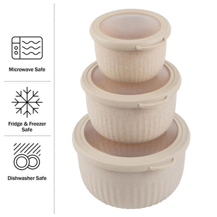 Classic Cuisine Set of 3 Bowls with Lids - Microwave, Freezer, and Fridge Safe Nesting Mixing Bowls - Eco-Conscious Kitchen Essentials by (Beige)