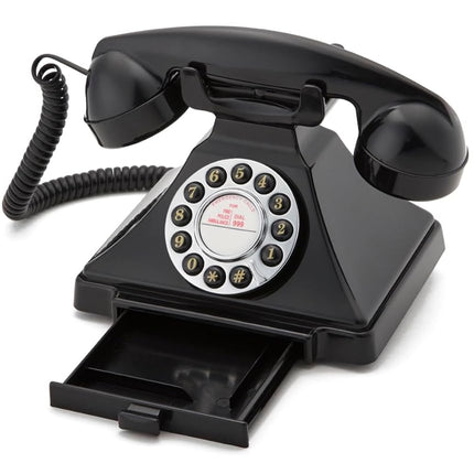GPO Carrington Classic Retro Push-Button Phone with Pull-Out Tray, Traditional Bell RingTone, Ringer On/Off for Home, Office, Hotels- Black