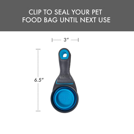 Dexas Pets Collapsible KlipScoop Collapsible Dry Dog Food Scoop and Dog Food Bag Clip, 1/2 Cup Capacity, Pro Blue