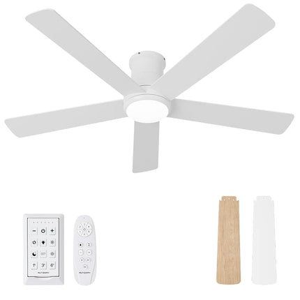 Autoday 52 Inch Ceiling Fans with Lights and Remote - White Ceiling Fan with Light Low Profile, Flush Mount Indoor/Outdoor Ceiling Fans for Patios Bedroom