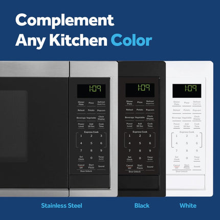 Microondas GE GCST09N1WSS, 900 vatios, 7 ajustes de cocción automáticos, utensilios de cocina para encimera, dormitorio o apartamento, tecnología de bloqueo para niños de 0.9 pies cúbicos, acero
