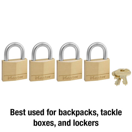 Master Lock Solid Brass Padlock with Key – 40mm Body, 22mm Hardened Steel Shackle, 4-Pin Cylinder Security Lock, Keyed Alike, 4 Pack