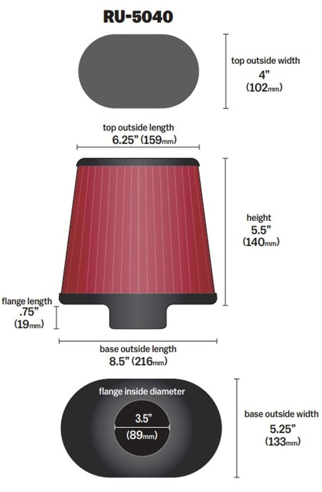 Filtro de aire universal K&N con abrazadera: alto rendimiento, premium, lavable, filtro de repuesto: diámetro de brida: 3.5 pulgadas, altura del filtro: 5.5 pulgadas, longitud de brida: 0.75 pulgadas, forma: cónico ovalado, RU-5040