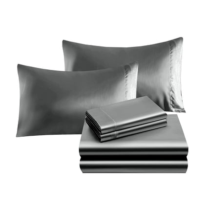 Parure de lit 4 pièces luxueuse en satin soyeux, élégante et confortable, douce pour la peau et les cheveux, infroissable, résistante à la décoloration et aux taches avec drap-housse à poches profondes, fraîche et douce, en satin, Gris, Lit simple