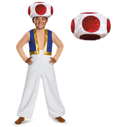 Disguise Super Mario Toad Costume for Kids, Official Nintendo Licensed Product, All In One Jumpsuit with Blue and Gold Vest Effect, Includes Toad Hat, 7-8 years