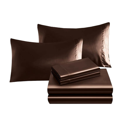 Elegant Comfort Luxurious 4-Piece Silky Satin Sheet Set, Skin and Hair Friendly, Wrinkle, Fade, Stain Resistant with Deep Pockets Fitted Sheet, Cooling Soft Satin Sheets, Queen, Chocolate Brown
