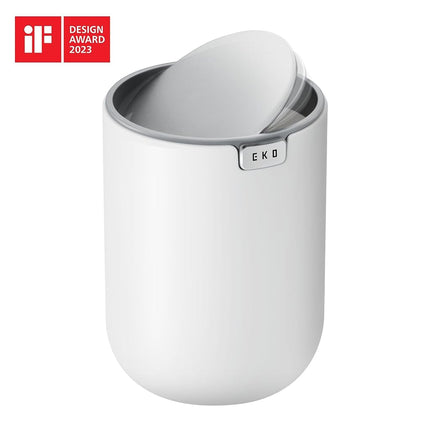 EKO 1.5L Mini Desk Bin with Swing-Top Lid,Small Round Tabletop Rubbish Bin and Storage Pot for Stationery, Makeup and Small Waste, Desktop Bin for Office, Home or Car (White)