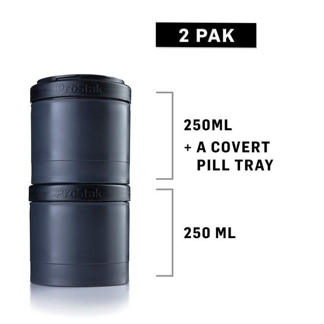 BlenderBottle ProStak Expansión 2 Paquetes (2x 250ml) | Tarros de almacenamiento Twist n' Lock con pastillero | negro