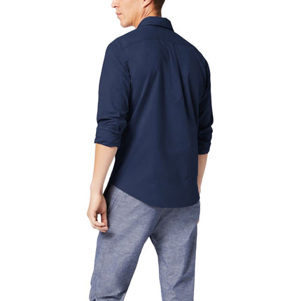 Dockers Men's Classic Fit Long Sleeve Signature Comfort Flex Shirt (Standard and Big & Tall) Button, Medieval Blue-Solid, Large