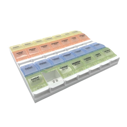 EZY DOSE Pastillero Semanal (7 días), Contenedor de Vitaminas y Organizador Diario de Medicamentos, 2 Compartimentos con Botones, Fácil de Usar para Personas con Artritis, 4 Veces al Día