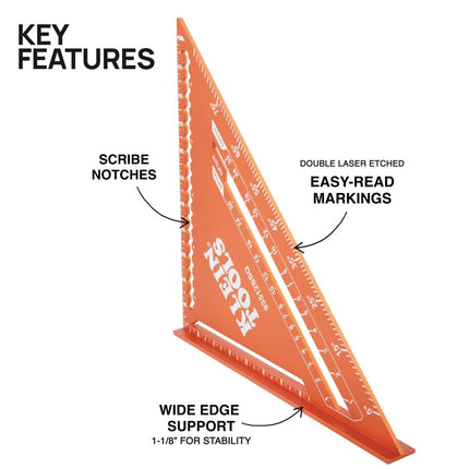 Klein Tools 93512SSQ Rafter Square, 12-Inch, Double Laser Etched Aluminum, Multi-Functional, Carpenter Measuring Layout Tool, Triangle Ruler for Woodworking