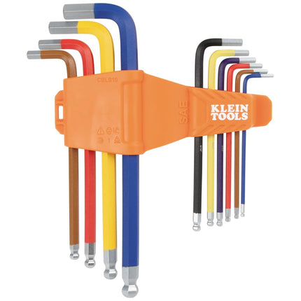 KLEIN TOOLS CBLS10 SAE Hex Key Caddy Set, Long Ball-End, 3/32 to 3/8-Inch, Color-Coated Keys for Easy Identification, 10-Piece