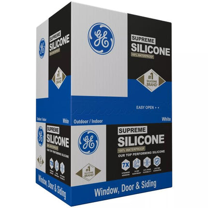 GE Supreme Silicone Caulk for Window & Door, White, 10 fl oz Cartridge, 12 Pack - 100% Waterproof Silicone Sealant, 7X Stronger Adhesion, Shrink & Crack Proof