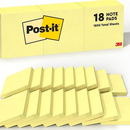 Post-it Notes, 3 in x 3 in, 18 Sticky Notes Pads, 100 Sheets per Pad, The Iconic Canary Yellow Note, Back to School Supplies and Oﬃce Products