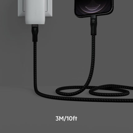 Belkin BoostCharge Pro Flex Braided USB Type C to Lightning Cable (3M/10ft), MFi Certified 20W Fast Charging PD Power Delivery for iPhone 14/14 Plus, 13, 12, Pro, Max, Mini, SE, iPad and More - Black