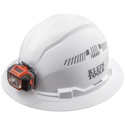 Casco Klein Tools 60407 con Luz, Estilo Ala Completa Ventilada, Acolchado, Banda para el Sudor Autoabsorbente y Resistente a Olores, Blanco