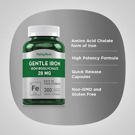Piping Rock Gentle Iron 28 mg | 300 Capsules | Iron Bisglycinate | Easy on Stomach | Non-GMO, Gluten Free Supplement | by