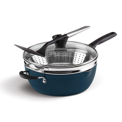 Juego de 4 sartenes preferidas de Cuisinart - Azul marino (sartén multiusos de 4.5 cuartos con tapa, vaporera, espátula ranurada)