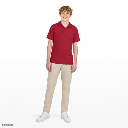 IZOD Boys' School Uniform Short Sleeve Polo Shirt, Button Closure, Moisture Wicking Performance Material, Red, 8 Husky