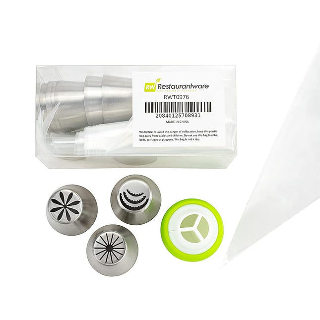 Pastry Tek Russian Piping Tips Set, 20 Piece Durable Cake Decorating Kit - 9 Piping Tips, 10 Piping Bags, Stainless Steel Piping Bags and Tips Set, 1 Tri-Color Coupler, Restaurantware