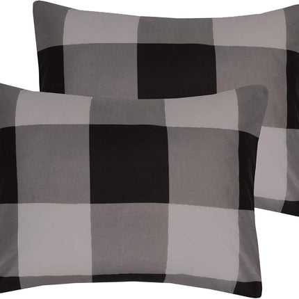 7 Piece Comforter Set Bag Solid Color All Season Soft Down Alternative Blanket & Luxurious Microfiber Bed Sheets, Queen, Buffalo Plaid Black/Gray