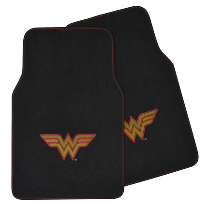 BDK Warner Bros DC Comics Alfombrillas Clásicas de Wonder Woman para Coche - Juego de 4 piezas de Ajuste Universal para Coche, Camioneta, Furgoneta, SUV, Delanteras 66 cm x 42 cm, Traseras 35.5 cm x 42 cm con Agarre Antideslizante