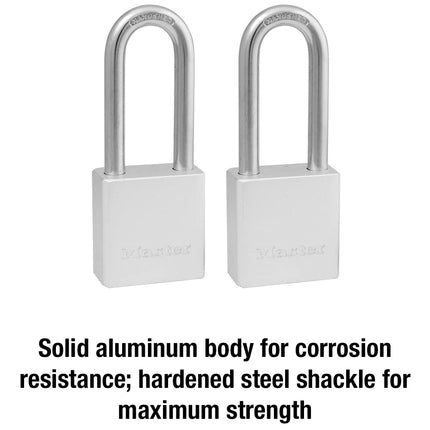 Master Lock Heavy Duty Solid Aluminum Padlock, Key Retaining Lock for Outdoor Use, 2in. Extended Shackle, Keyed Alike Padlocks, 2 Pack, 570TLH Silver