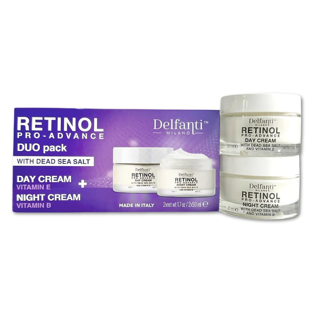 DELFANTI Milano | Paquete Doble Retinol Pro-Advance con Sal del Mar Muerto - Crema de Día + Noche | 2X50mL