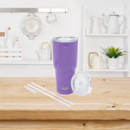 BUILT Double Walled Stainless Steel Tumbler Set with Replacement Lid, 2 Reusable Tritan Wire Straw Cleaning Brush in Gift Box, 1 Count (Pack of 1), Amethyst